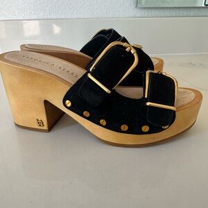 Veronica Beard Black and Tan Mules with Gold Buckles - Size 7, Never Worn